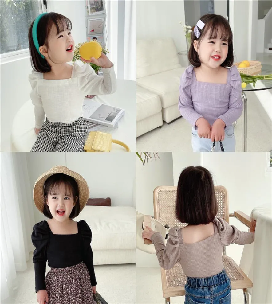 Summer INS Little girls ribbed tshirts autumn blank puff sleeve cotton fashion bountique clothes winter fall top 27 years2061445