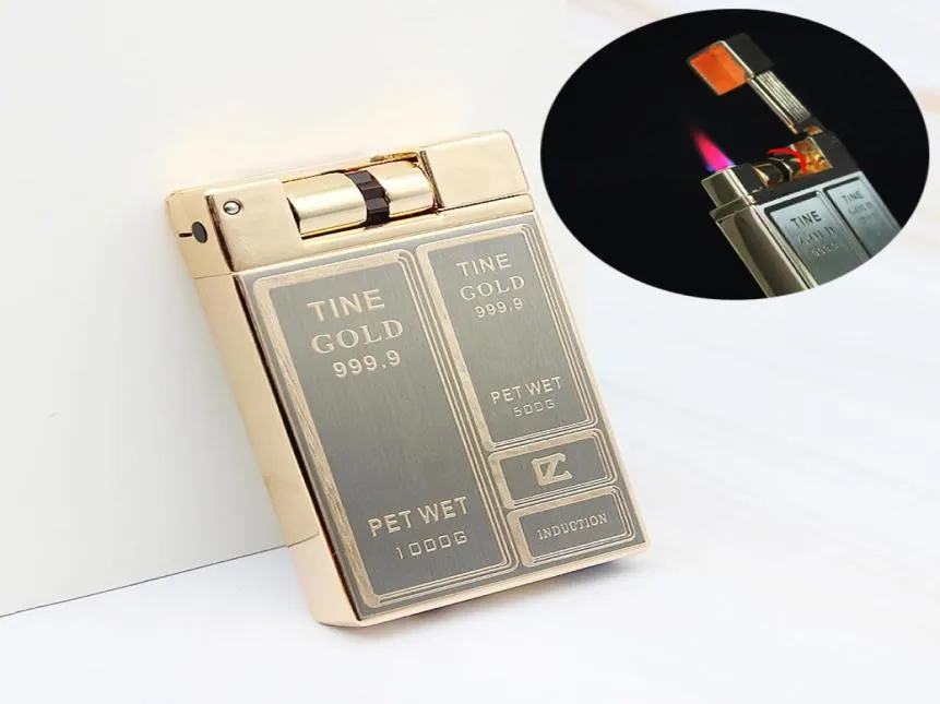 Highend Luxury Business Gold Brick Jet Metal Lighter Torch Turbo Sliphjul Butangas -tändare Flint uppblåsta män gåva nr GA9129228