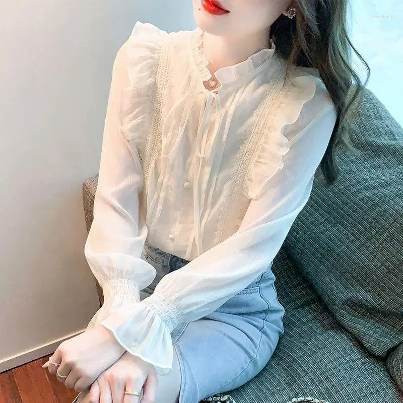 Women's Blouses Sweet Spring Autumn Casual Tops Fashion 2024 Solid Color Interior Lapping Temperament Shirts Long Sleeve Clothing