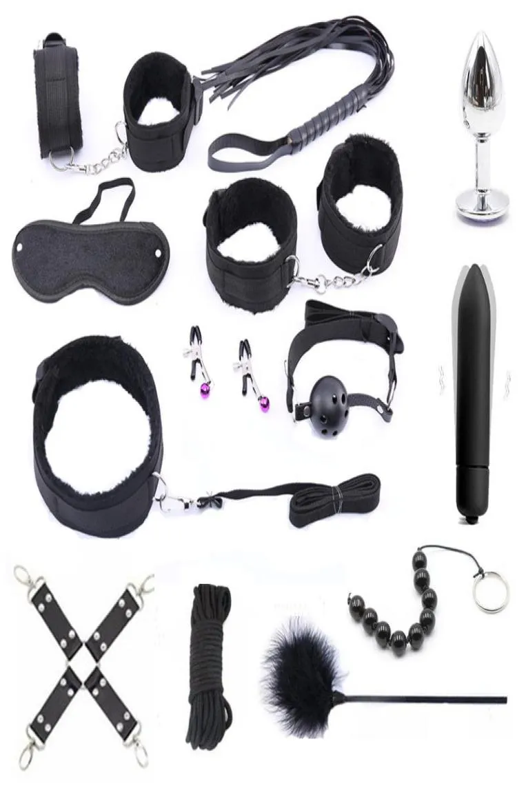 13PCS Set Adult Products Stimulate Bondage Restraints Sexy Nylon Plush Whip Sex Handcuffs Metal Anal Plug BDSM Unisex Sex Toys Y27837262