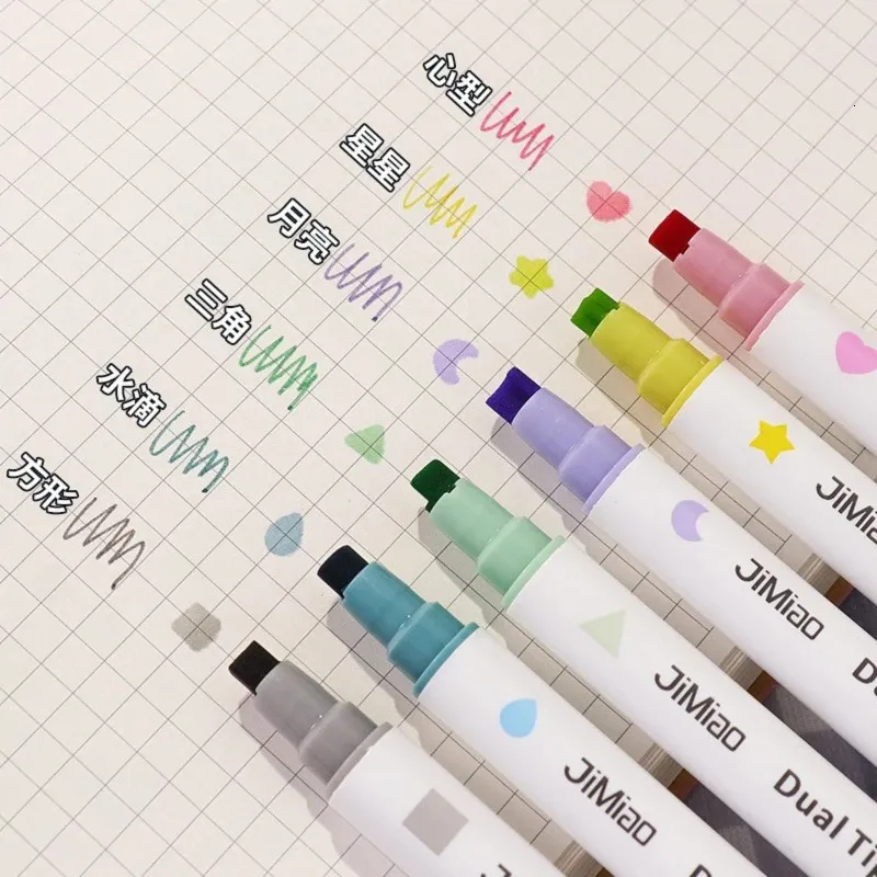 6Colors Stamp Art Marker Double Highlighter Pen StarheartMoondRopsquare for Scrablock Diary Poster Studentery 240228