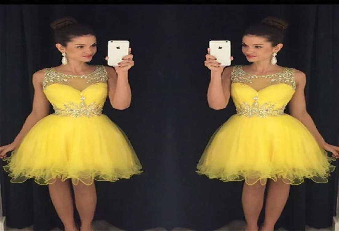 Rhinestone Yellow Cocktail Dresses 8th grade short Prom Dress crystal homecoming dress Sheer Neck Mini Graduation Party Dress Cust9064436