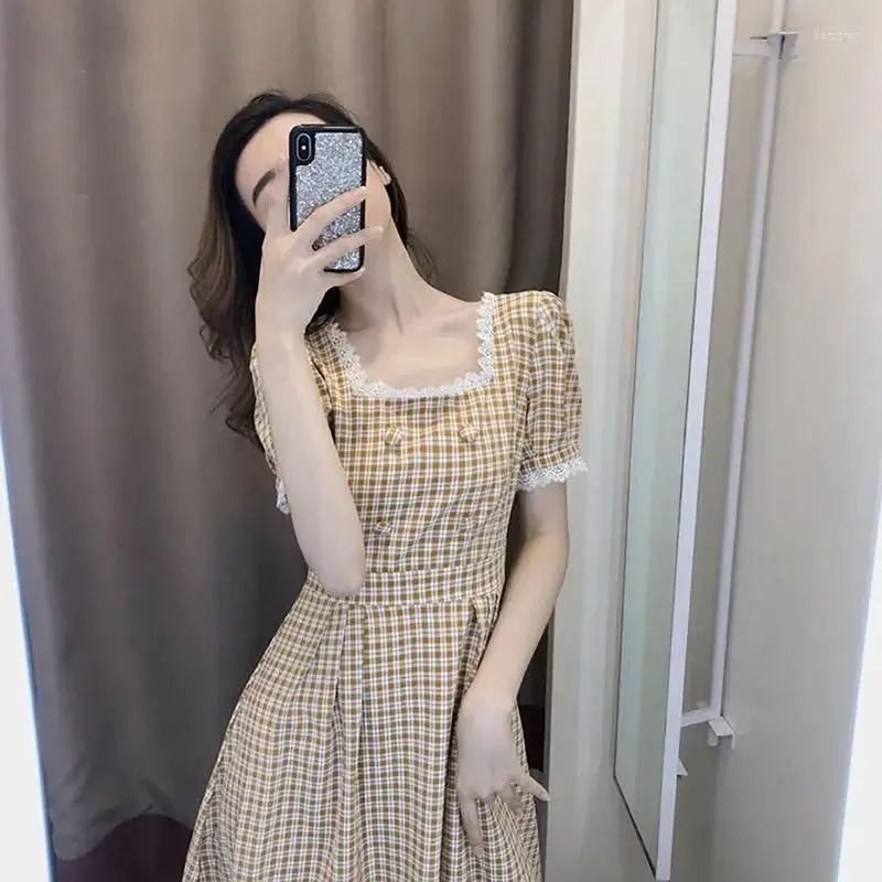 Casual klänningar fyrkantig krage kortärmad rutig koreansk stil hög midja midi klänning sommar kvinna vestido de mujer femme robe