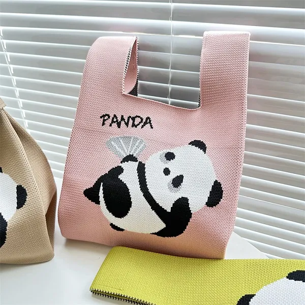 HBP Bolsa de malha de panda fofa, bolsa de mão para pais e filhos, bolsa de mão de tecido, bolsa pequena de desenho animado para meninas