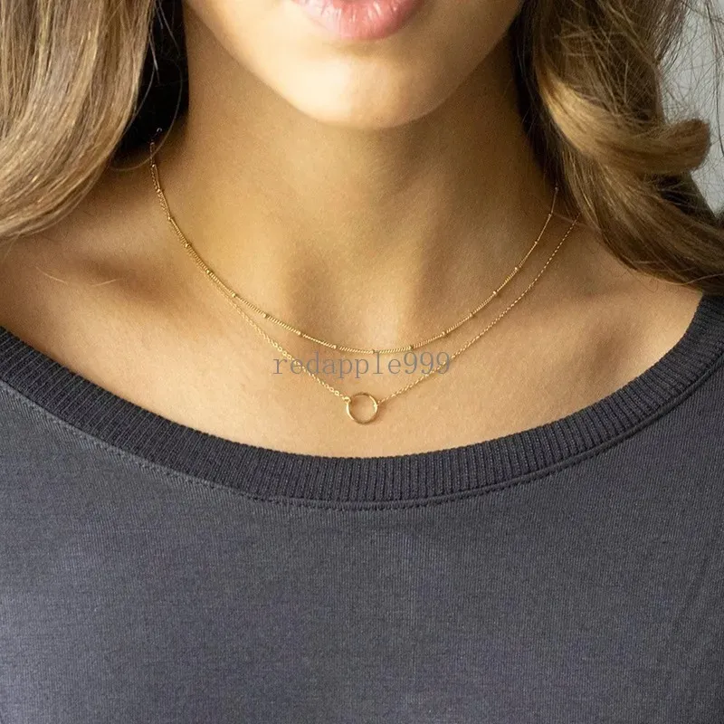 Layered Circle Pendant Necklace Gold Plated Dainty Choker Necklaces Layering Multilayer Fashion Trendy Simple Silver Jewelry for Women Girls Gift