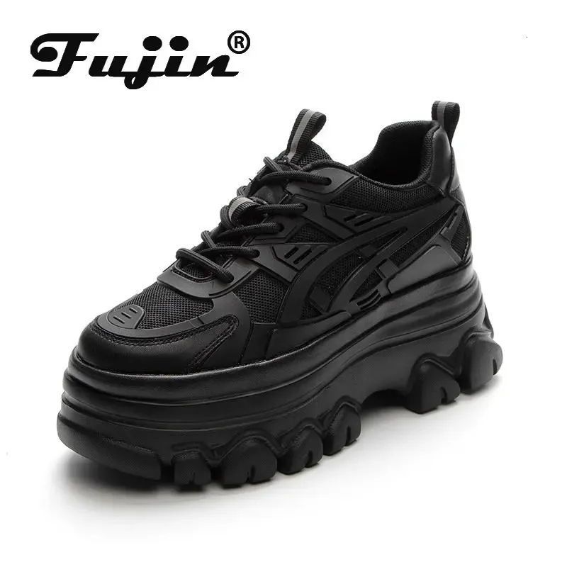 Fujin 9cm couro genuíno plataforma sintética cunha tênis chunky salto escondido feminino casual outono inverno sapatos femininos 240309