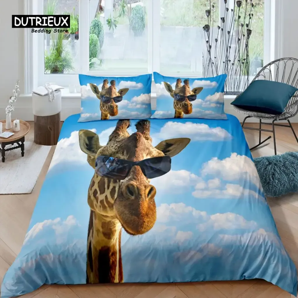 Set Home Living Luxury 3D Print Giraffe Bedding Set Sky Cloud Duvet Cover Pillowcase Queen and King EU/US/AU Size Polyester Bedding Sheer Curtains