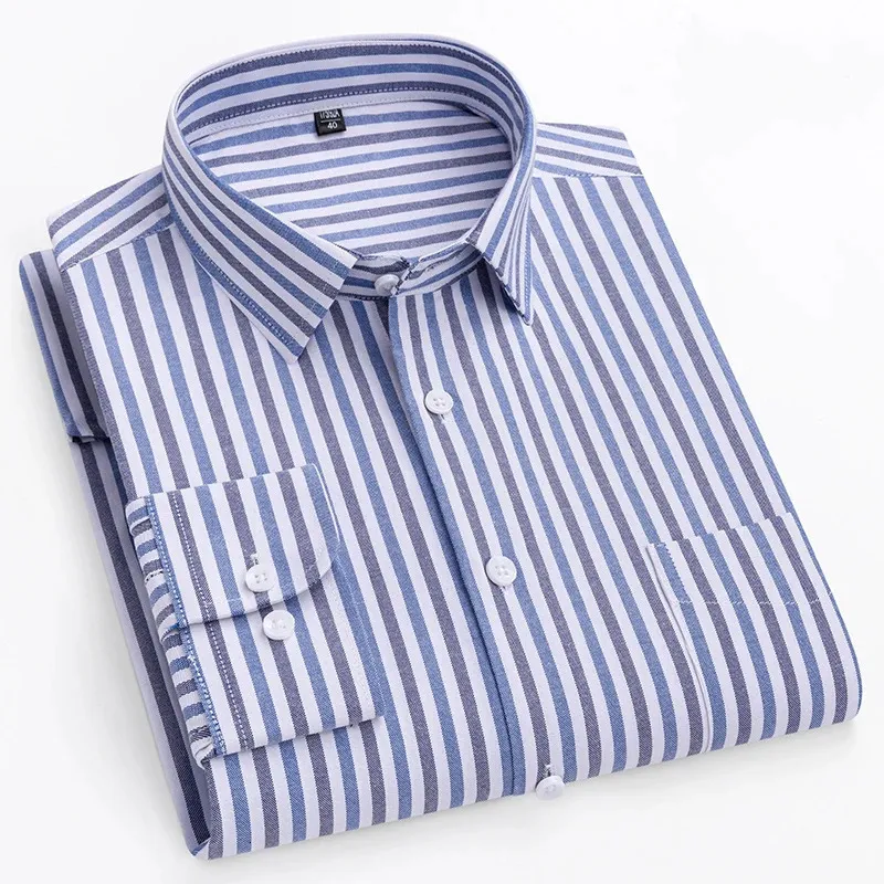 Camicia a righe da uomo in puro cotone 100% Oxford manica lunga vestibilità regolare da uomo tasca casual per il tempo libero autunno camicetta maschile S8XL 240307