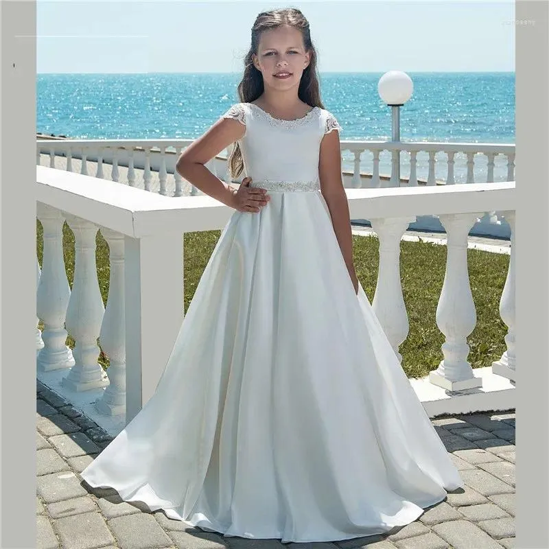 Robes de fille robe de fleur en satin blanc pour mariage occasion formelle princesse enfants banquet soirée première communion robe de bal d'anniversaire
