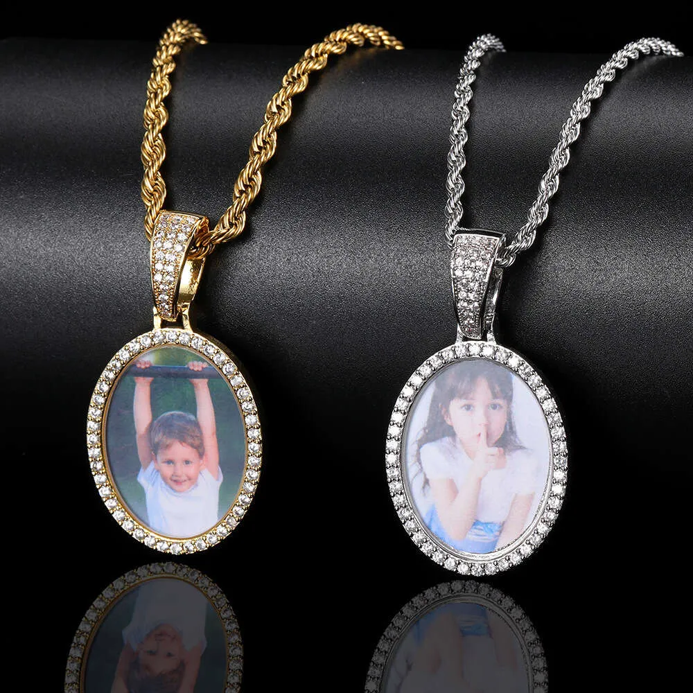 Memory DIY Commemorative elliptical Photo Necklace with Micro Inlaid Zircon Trendetter Personality Hip-Hop Frame Pendant