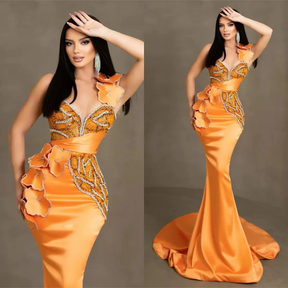 Elegant Burnt Orange One-Shoulder Mermaid Prom Dress with Flowing Ruffles