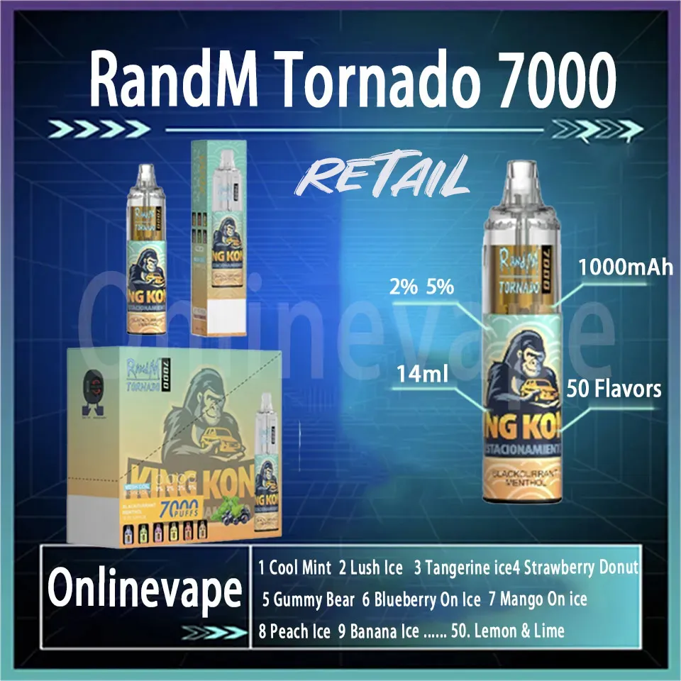 Bestverkopende RandM Tornado 7000 Rookwolken 2% en 5% E-sigarettenpod-apparaat met 14 ml voorgevulde mesh-spiraal Luchtstroomregeling Oplaadbare wegwerpvapes