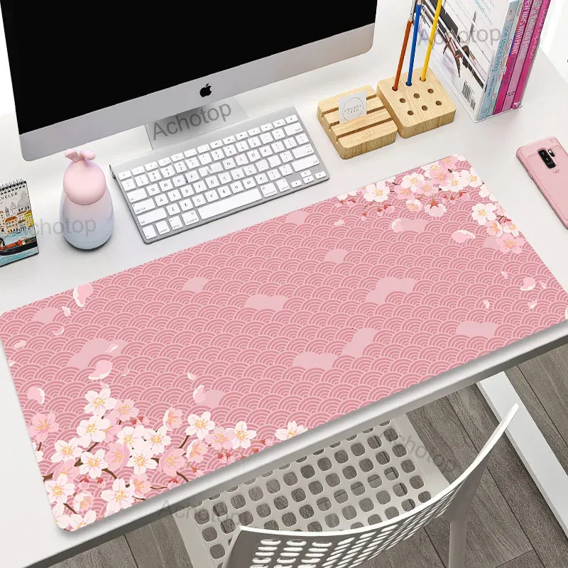 Rosa flores de cerejeira mousepad gamer computador deskpad grande mouse pad arte sakura teclado tapetes de mesa acessórios de escritório 240314