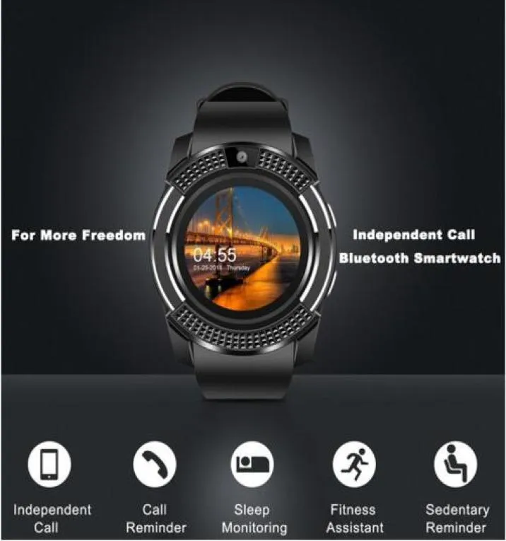 V8 relógio inteligente bluetooth relógios android com dz09 gt08 smartwatch para apple smartwatch para ios android com camera3227990