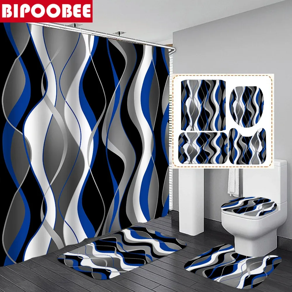 Tende Set di tende da doccia ondulate geometriche blu Set di tende da doccia a strisce nere e grigie Copriwater Tappetino da bagno Tappeti antiscivolo Arredamento bagno moderno