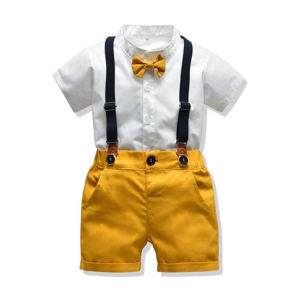 Conjuntos de ropa Conjunto para niños pequeños Traje de caballero nacido Niños Manga corta Pajarita Camisas Suspender Pantalones cortos Casual Verano Bebé Ropa Dro DHXKS