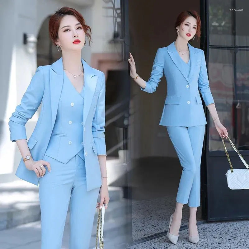 Women's Two Piece Pants IZICFLY Spring Summer Style Office Uniform Business Pant Suit With Vest Pink 3 Women Trouser Waistcoat And Blazer