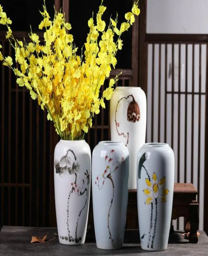 Vasi Cina Porcellana bianca Fiore di loto Vaso di fiori in ceramica per la decorazione domestica Pianta idroponica dipinta a mano2715108