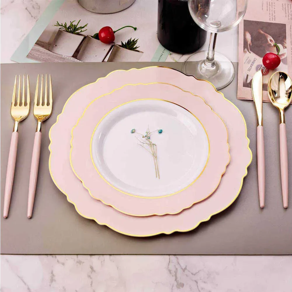 Disposable Tableware Pink Green Plastic Plate With Gold Edge Suitable for High-end Wedding Mother's Day Party Supplies 210909