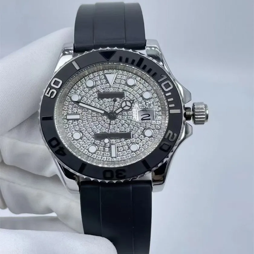 Relógio masculino clássico moda relógio mecânico automático mostrador incrustado com pulseira de borracha de diamante tamanho 40mm 286u