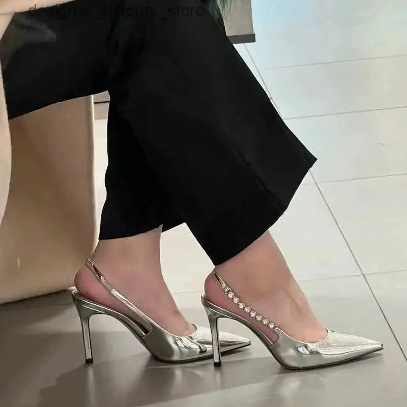 Sandals Mens Slim High Heels Womens Black Shoes 2024 Summer Beige Silver High New Fashion Fashion Open Rhinestone Girl S Q240314