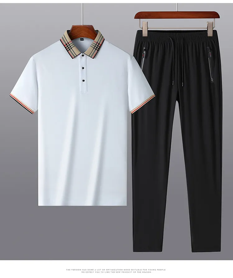 Summer casual suit men's long staple cotton polo shirt short sleeved T-shirt ice silk elastic casual pants two-piece set