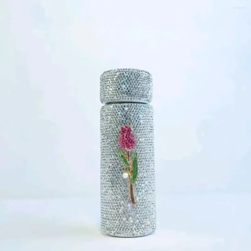 Garrafas de água espumantes strass parede dupla copo isolante de aço inoxidável garrafa de vácuo portátil mini caneca de escritório térmica manter frio