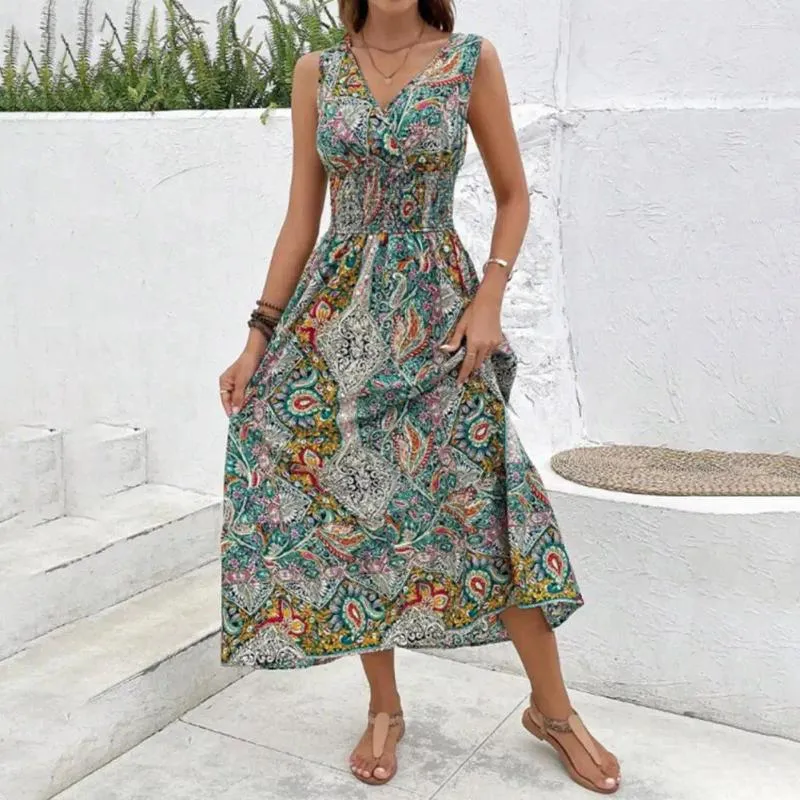 Freizeitkleider Plus Size Kleid Sommer bedrucktes böhmisches V-Ausschnitt Midi für Frauen bunter Druck Urlaub Strand mit enger elastischer Taille