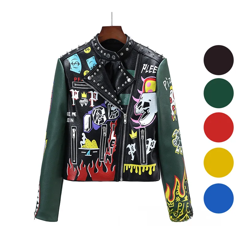 0C244M23 Women's Custom Leather Jacket Locomotive Punk Short Spring  Autumn Coat