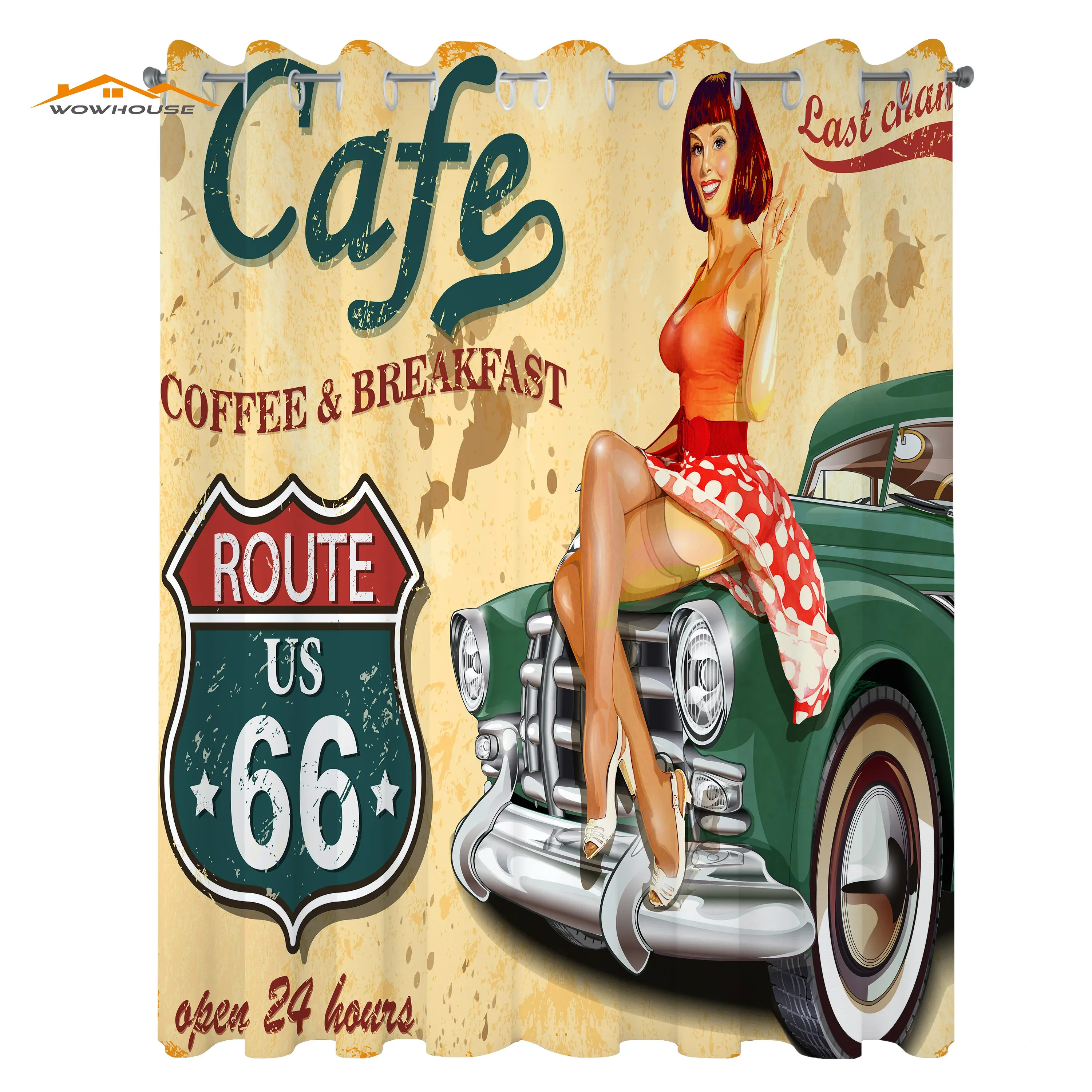 Шторы Route 66. Кухонные шторы. Вывеска кафе-закусочной. Винтажная дама, сидящая на автомобильном шоссе. Ностальгическая тема в стиле гранж. Оконные шторы для кухни.