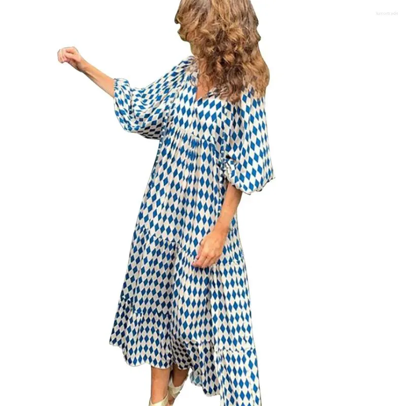 Casual Dresses A Line Patchwork Long Women's Geometric Printed Bubble Sleeved Dress Streetwear Oversized Sundress Clothes For Women
