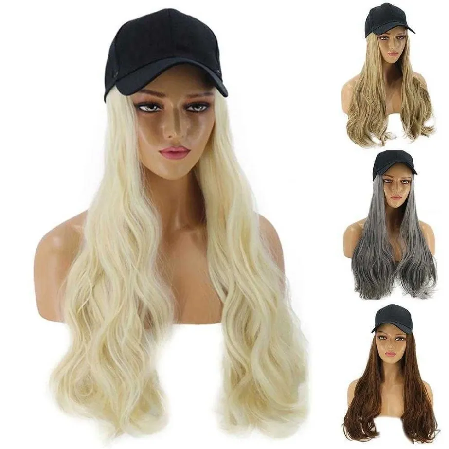 WomenGirl longue perruque bouclée postiche synthétique Extension de cheveux avec casquette de Baseball écran protégé pour le visage Q07032281