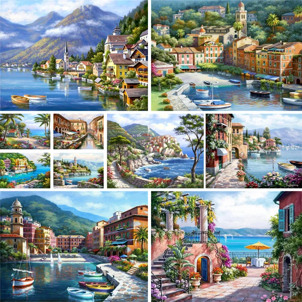 Número paisagem cidade litorânea pintura diy por números conjunto de tintas acrílicas 50*70 pintura em tela pinturas de parede para adultos para desenho