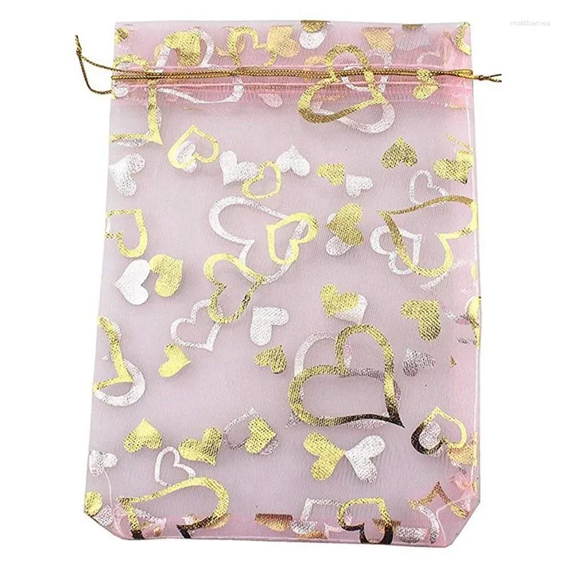 Bolsas de jóias 9x12cm coração impresso rosa organza sacos cordão favores de casamento doces