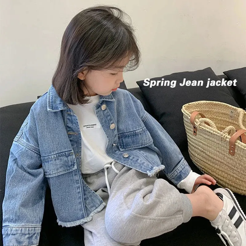 Moda versão coreana denim jaquetas para meninas casaco primavera outono crianças outerwear roupas presente de aniversário 28 ano 240301