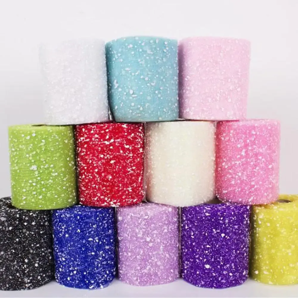 Tecido 15cm*20yard Snow Point Fio seco Tulle Roll Roll Fake Glitter Mesh Tulle Fabric Wedding Decoration for Packaging of Flower