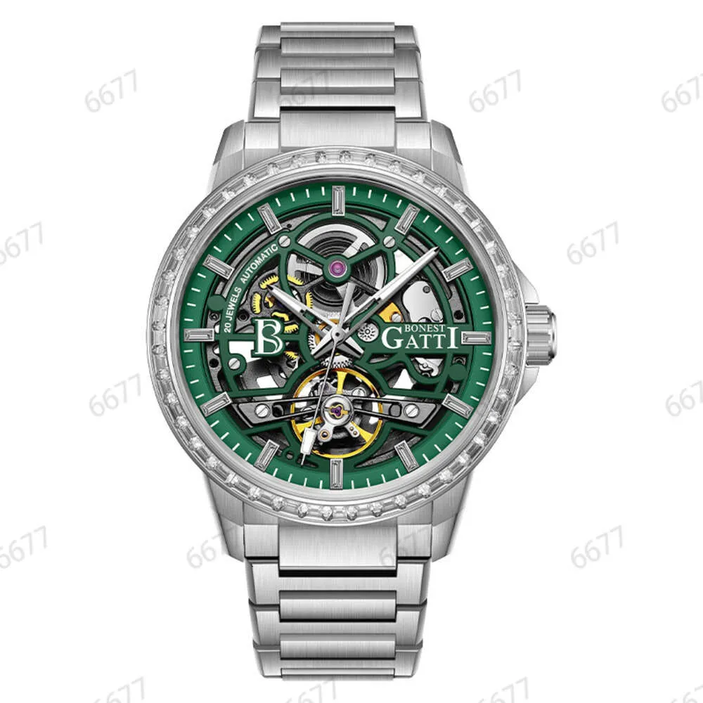 Designer-Uhr, luxuriös, hochwertig, mechanisch, Business-Stahlband, eingelegter Diamant, hohl, automatische Premium-wasserdichte Herrenuhr, wasserdicht