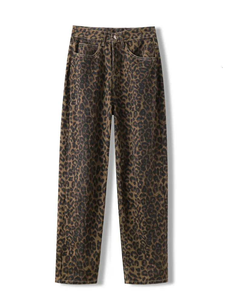 Syiwidii elegante casual estampado de leopardo jean de talle alto vintage ancho pierna pantalones de mezclilla holgados streetwear moda jeans 240307