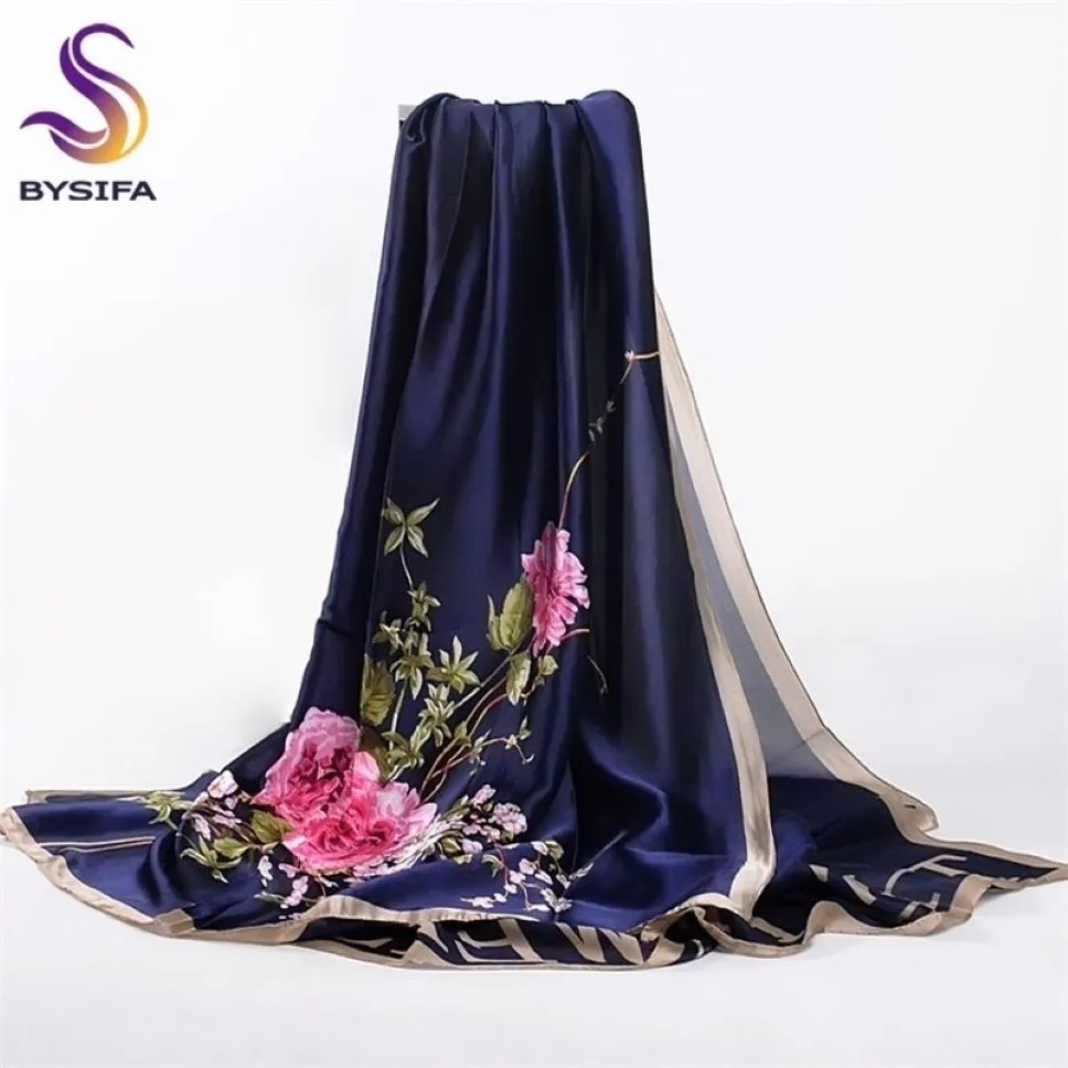 BYSIFA Marineblauw Chinese Rozen Dames Sjaals Herfst Winter Utrlong Hoogwaardig merk Trendy Zijde Letters Lange Sjaal Wrap 22010293J