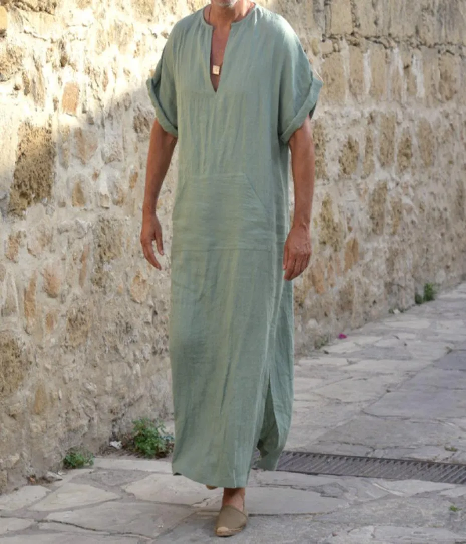 Men039s Bluzy Bluzy plus szaty mężczyzn Kaftan muzułmański arabski islamski vneck krótki rękaw Solidny bawełniany thobe vintage LOU4896067