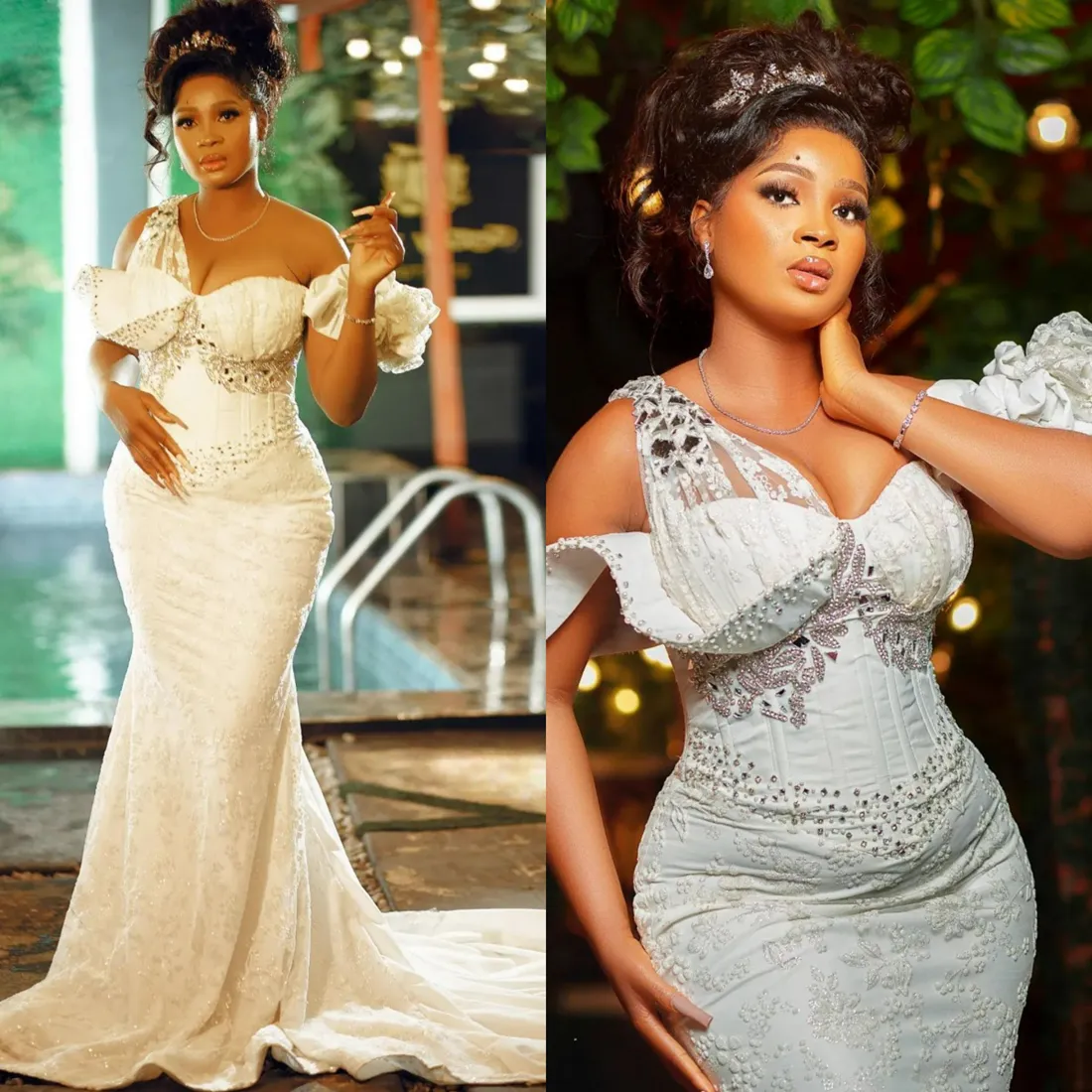 2024 Plus Size Sereia Vestido de Noiva para Noiva Vestidos de Noiva Um Ombro Ilusão Frisada Renda Vestido de Casamento Strass Vestidos de Casamento para Mulheres Negras Africanas NW135