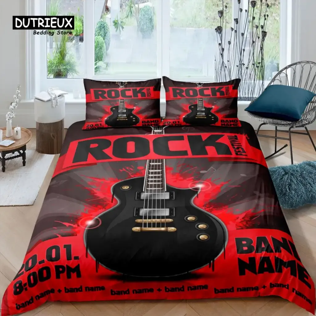 Set Home Living Luxury 3D Rock Music Bedding Set Duvet Cover Pillowcase Kids Bedding Set Queen and King EU/US/AU/UK Size Sheer Curtains