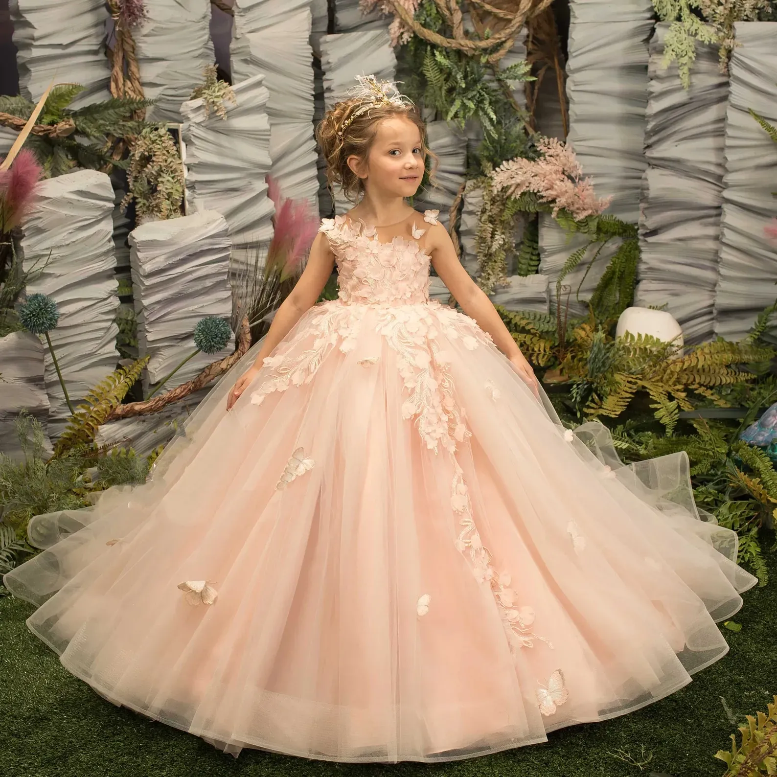 Peach Flower Girl Dress 2024 Lilac Ivory Tulle Lace Ballgown First Communion Gown Little Kid Infant Toddler Christening Baptism Junior Bridesmaid Wedding Guest