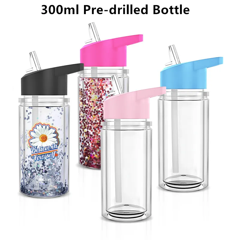 Voorgeboorde 10oz sneeuwbol plastic kindertuimelaar dubbelwandige acrylbeker voor kinderen DIY glitter sportwaterfles met gatplug