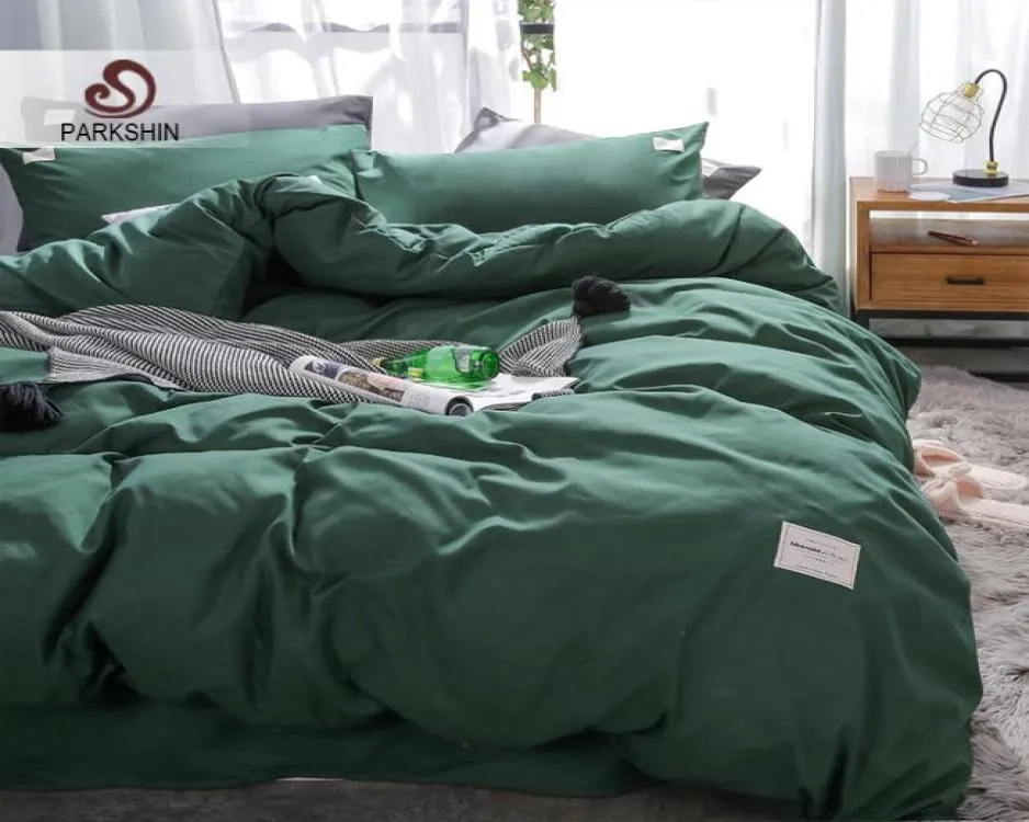 Parkshin Dark Green Bedding Set Decor Home Textiles Bed Linen Cotton Bed Stread Flat Sheet Pillow Case Adult Single Nordic Double2110196