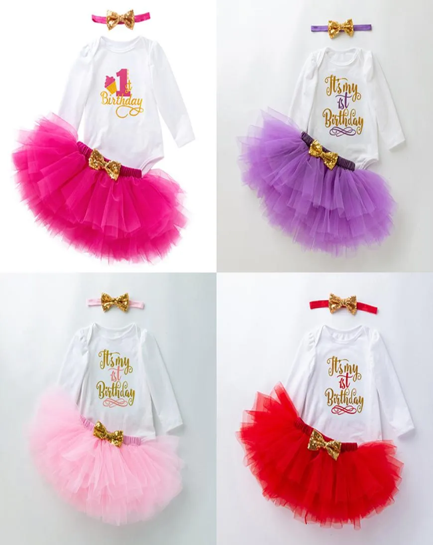 Conjuntos de roupas de bebê meninas lantejoulas arco bandana carta manga longa romper tutu saias de renda 3pcsset boutique festa de aniversário recém-nascido 5874333