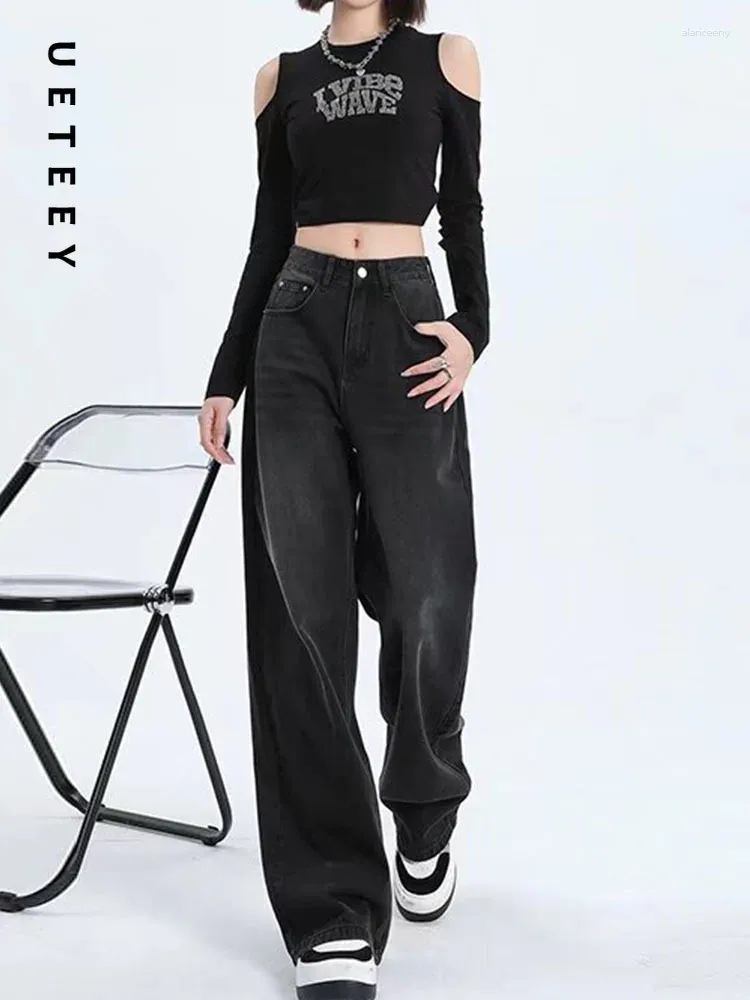Dżinsy damskie Ueteey Black Grey High Tartle szerokie nogi workowate spodnie streetwearne spodnie Y2K moda 2024 luźna dżinsowa mama