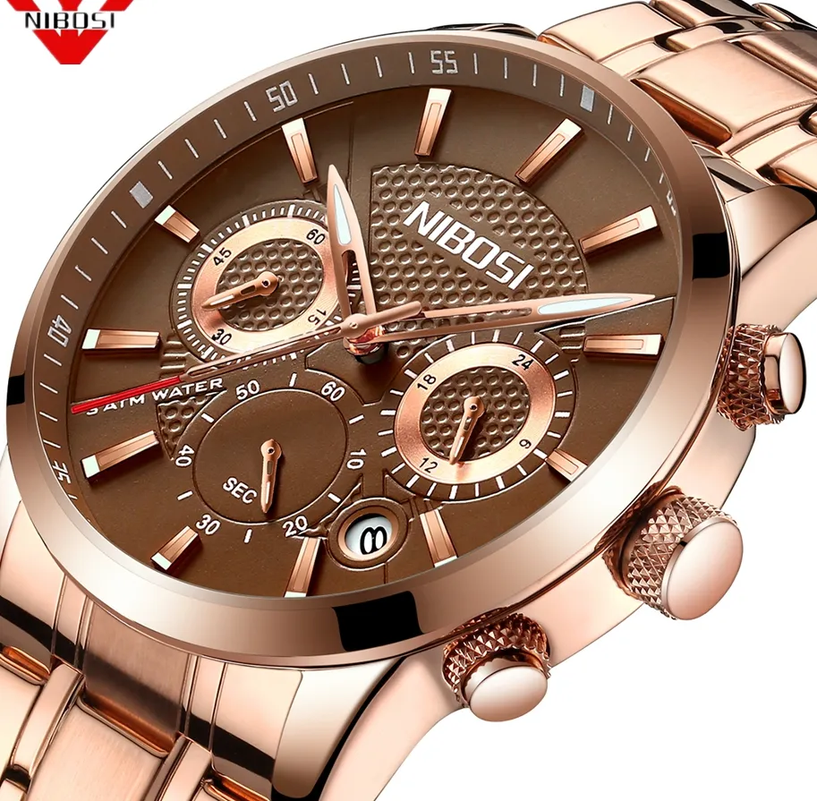 NIBOSI Relogio Masculino Orologi da uomo Brand Luxury Orologio al quarzo in acciaio rosa Uomo Casual Cronografo sportivo Orologio da polso Saat