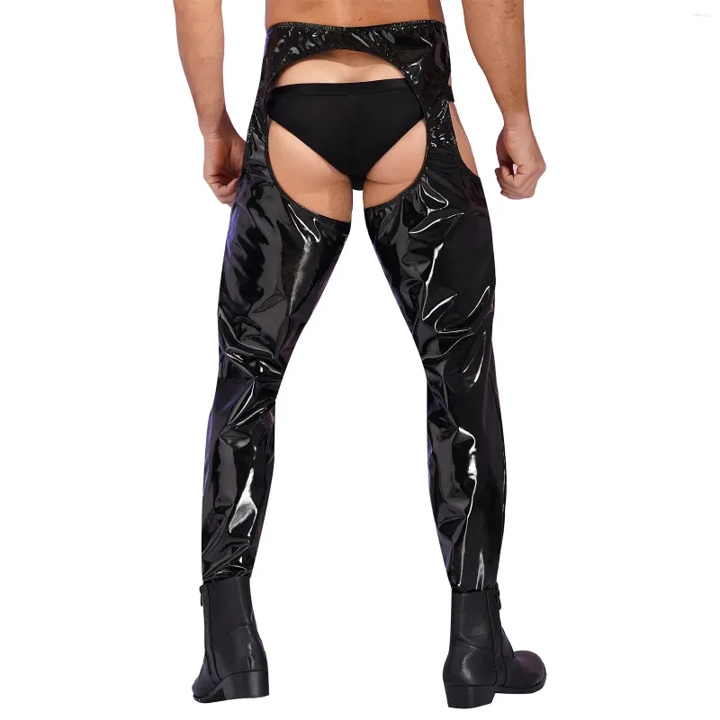 Culottes pour femmes Lingerie pour hommes Crotchless Open BuPants Wet Look Taille haute Découpe Entrejambe Leggings En Cuir Verni Pantalon Skinny Clubwear