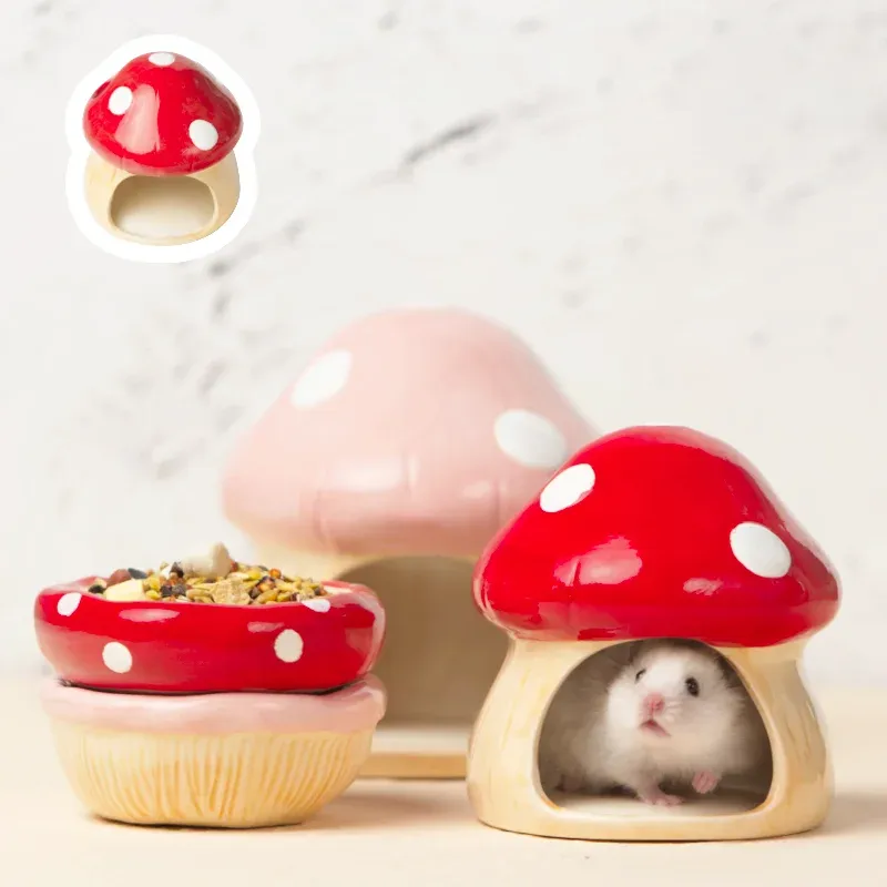 Cages 2023 Cute Ceramic Mushroom House Pet Items Hamster Cage Small Pet Bowl For Rabbit Ferret Rat Chinchilla Hedgehog Pet Products